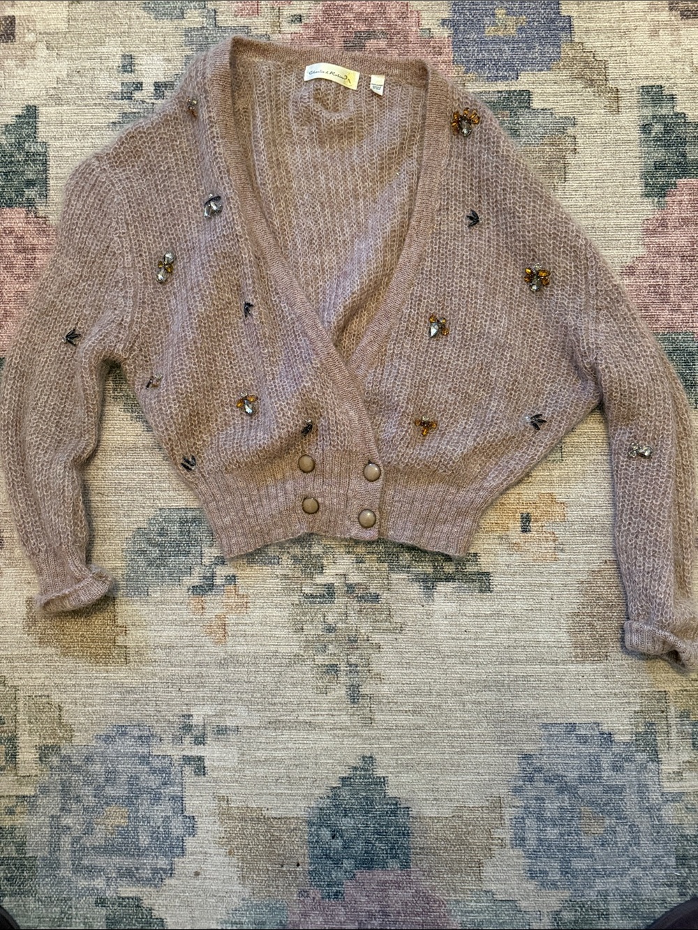 Embellished Mauve Cropped Knit Cardigan - Unknown Brand